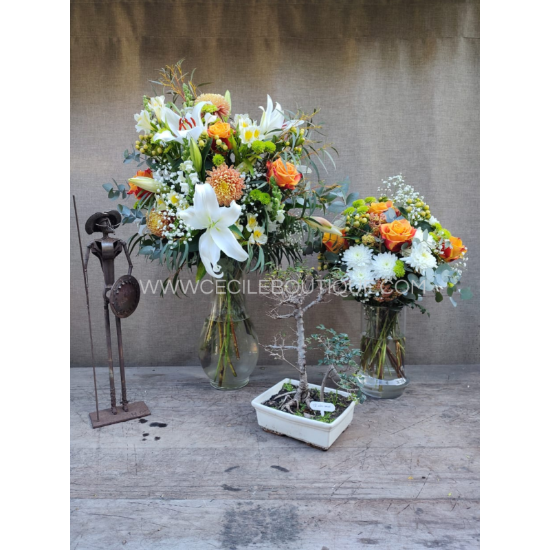 Unidos |Conjunto de ramos com escultura e bonsai